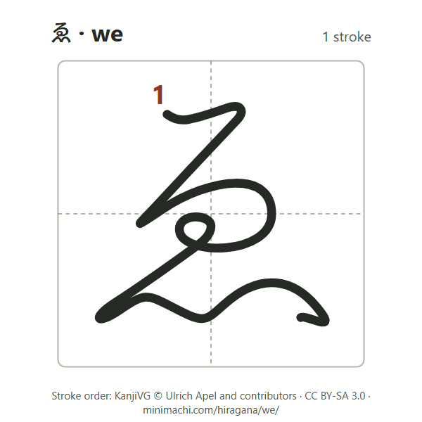 Stroke order of hiragana we: 1 stroke, numbered, in a writing box